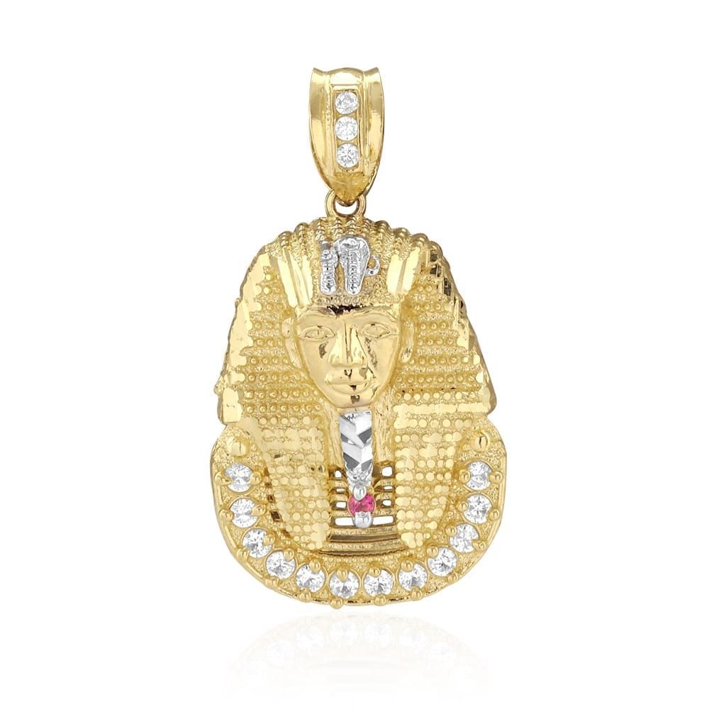 10K Yellow Gold CZ Ruby King Tut Pharaoh Head Pendant 1.1"-2.4"