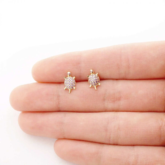 Kids 14K Yellow Gold White Birthstone Turtle Screw Back Stud Earrings