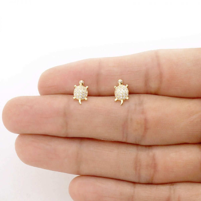 Kids 14K Yellow Gold White Birthstone Turtle Screw Back Stud Earrings