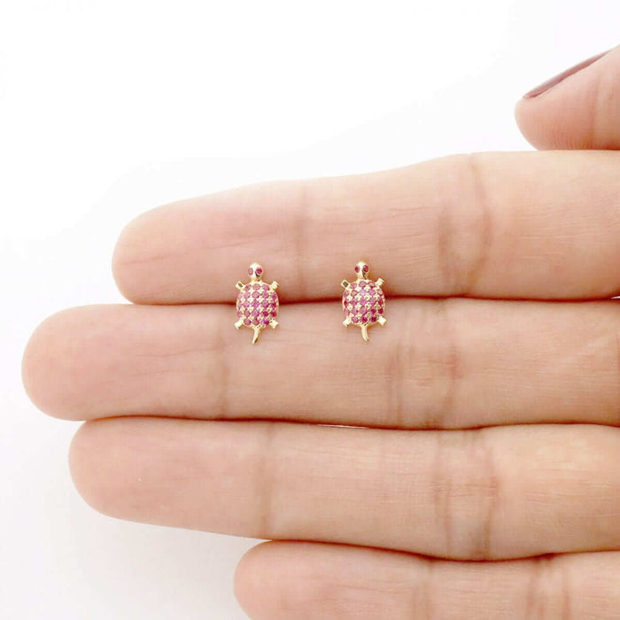 Kids 14K Yellow Gold White Birthstone Turtle Screw Back Stud Earrings