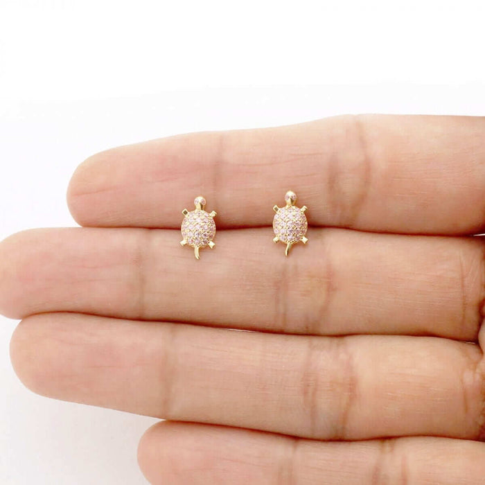 Kids 14K Yellow Gold White Birthstone Turtle Screw Back Stud Earrings