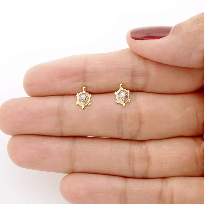 14K Yellow White Gold Birthstone Turtle Screw Back Stud Earrings