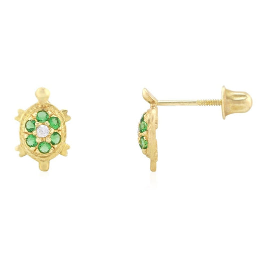 14K Yellow White Gold Simulated Birthstone Turtle Screw Back Stud Earrings