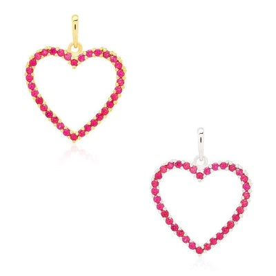 14K Yellow Gold White Gold Ruby Birthstone Open Heart Pendant 0.8"