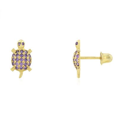 Kid's 14k Gold Yellow White Simulated Birthstone Turtle Screwback Stud Earrings
