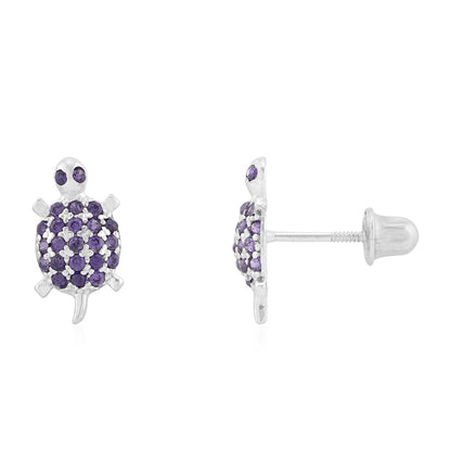 Kid's 14k Gold Yellow White Simulated Birthstone Turtle Screwback Stud Earrings