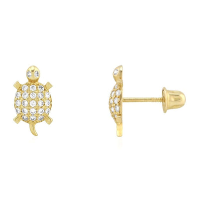 Kids 14K Yellow Gold White Birthstone Turtle Screw Back Stud Earrings