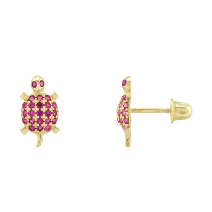 Kid's 14k Gold Yellow White Simulated Birthstone Turtle Screwback Stud Earrings