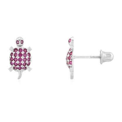 Kid's 14k Gold Yellow White Simulated Birthstone Turtle Screwback Stud Earrings