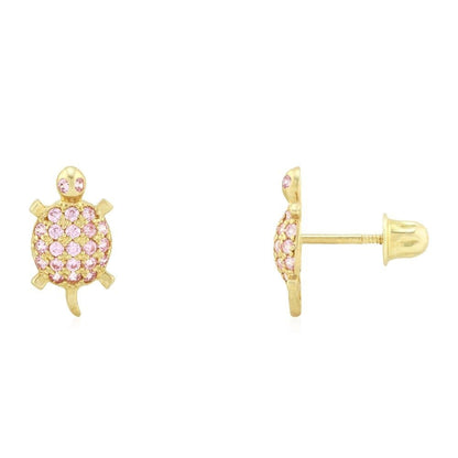 Kid's 14k Gold Yellow White Simulated Birthstone Turtle Screwback Stud Earrings
