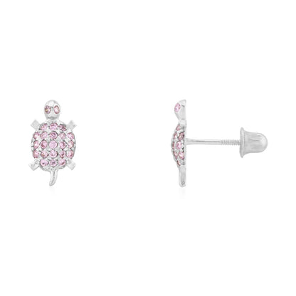 Kid's 14k Gold Yellow White Simulated Birthstone Turtle Screwback Stud Earrings