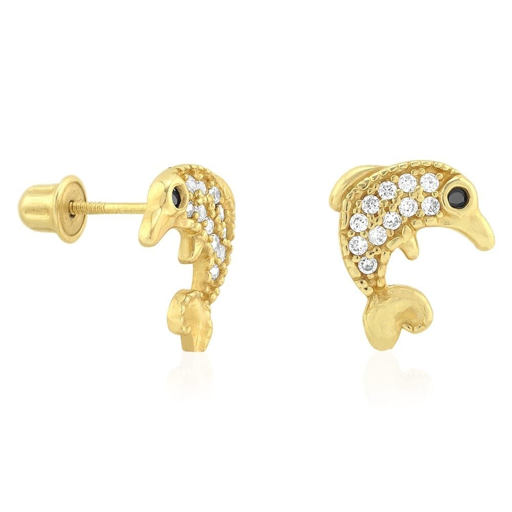 14K Real Gold CZ Birthstone White Dolphin Screw Back Earrings