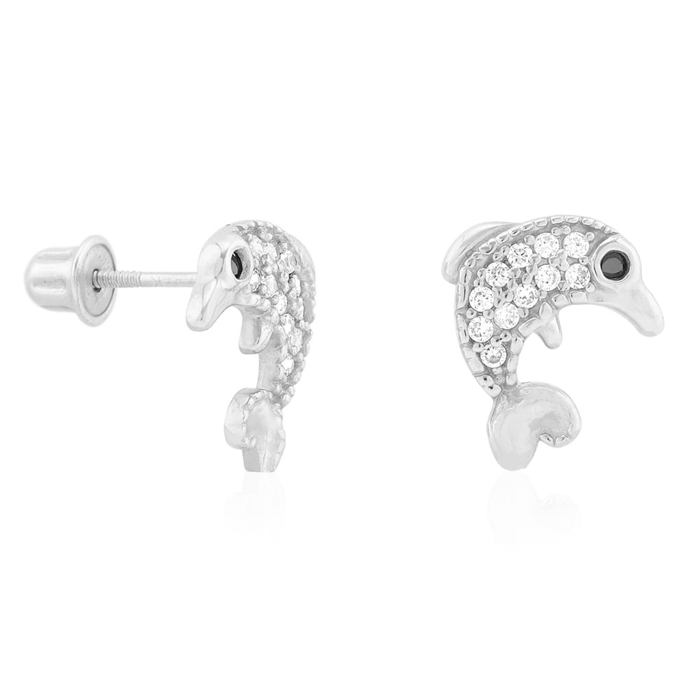 14K Real Gold CZ Birthstone White Dolphin Screw Back Earrings
