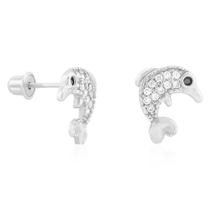 14K Gold CZ Birthstone White Dolphin Screw Back Earrings