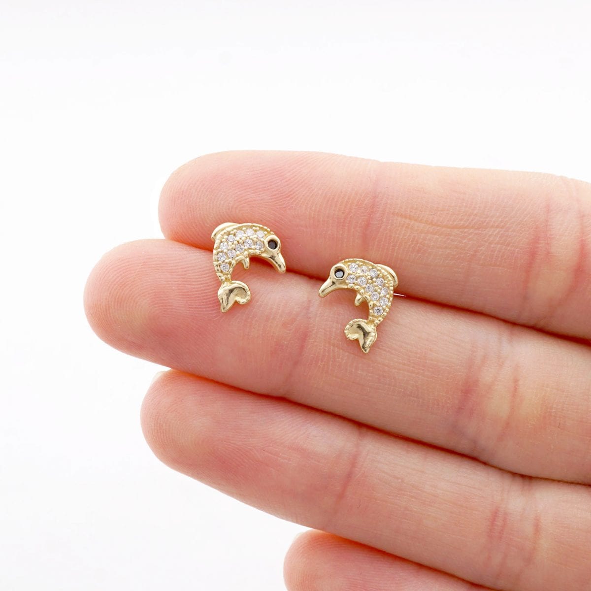 14K Real Gold CZ Birthstone White Dolphin Screw Back Earrings