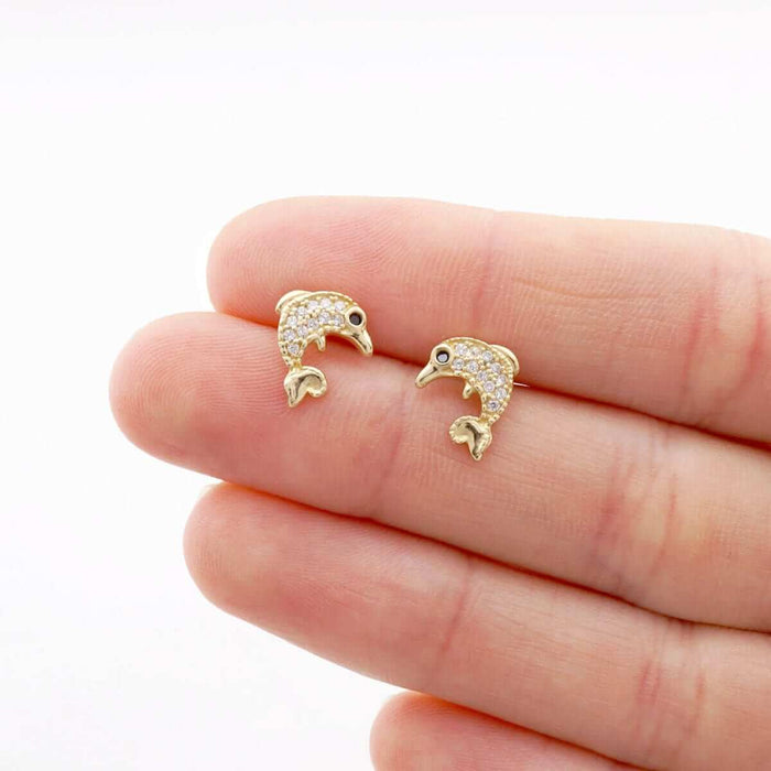 14K Gold CZ Birthstone White Dolphin Screw Back Earrings