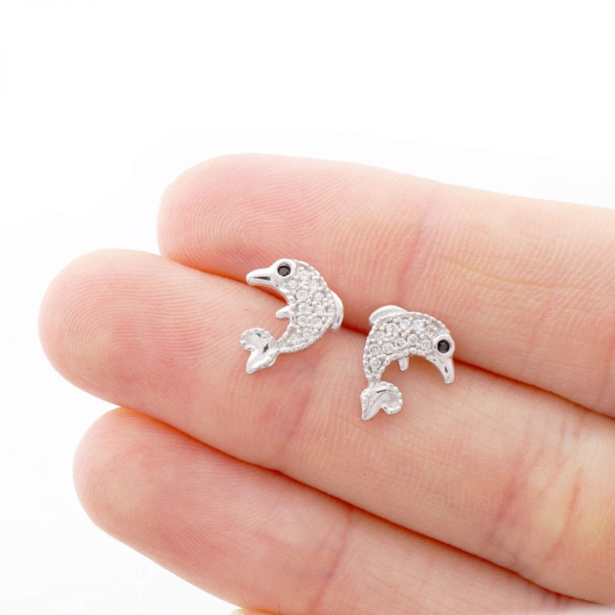 14K Real Gold CZ Birthstone White Dolphin Screw Back Earrings