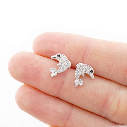 14K Real Gold CZ Birthstone White Dolphin Screw Back Earrings