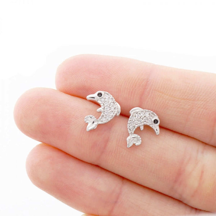 14K Gold CZ Birthstone White Dolphin Screw Back Earrings