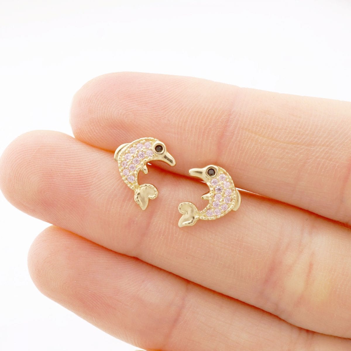14K Real Gold CZ Birthstone White Dolphin Screw Back Earrings