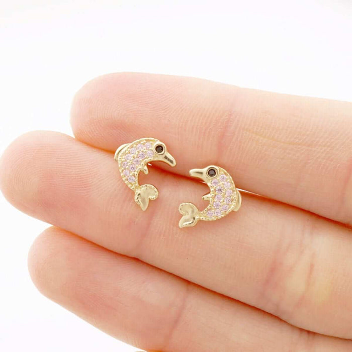 14K Gold CZ Birthstone White Dolphin Screw Back Earrings