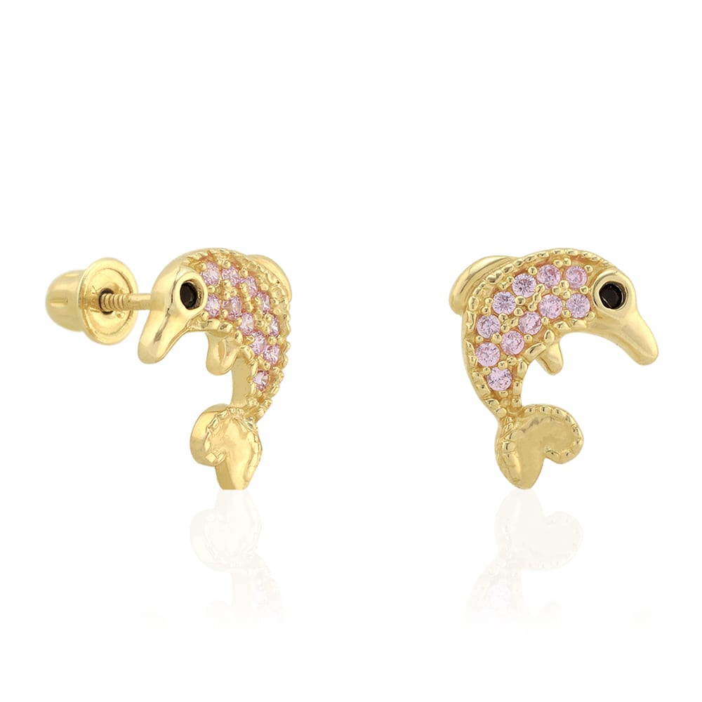 14K Real Gold CZ Birthstone White Dolphin Screw Back Earrings