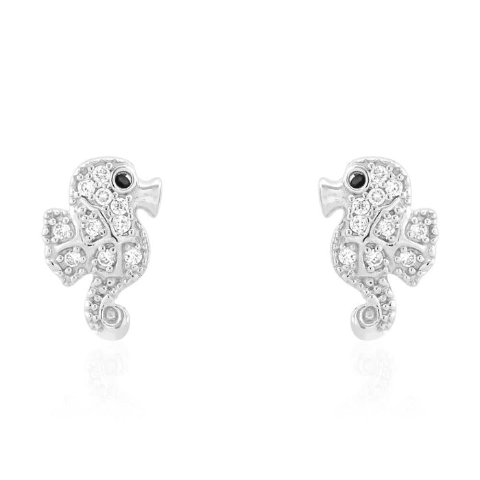 Real Onyx & White Zircon Seahorse Screw Back Stud Kid Earrings 14k Yellow Gold