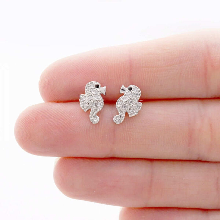 Real Onyx & White Zircon Seahorse Screw Back Stud Kid Earrings 14k Yellow Gold