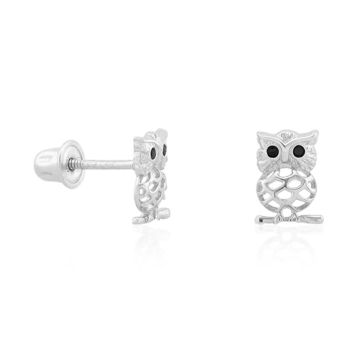 Kids 14K Yellow Gold White Simulated Onyx Ruby Owl Screw Back Stud Earrings