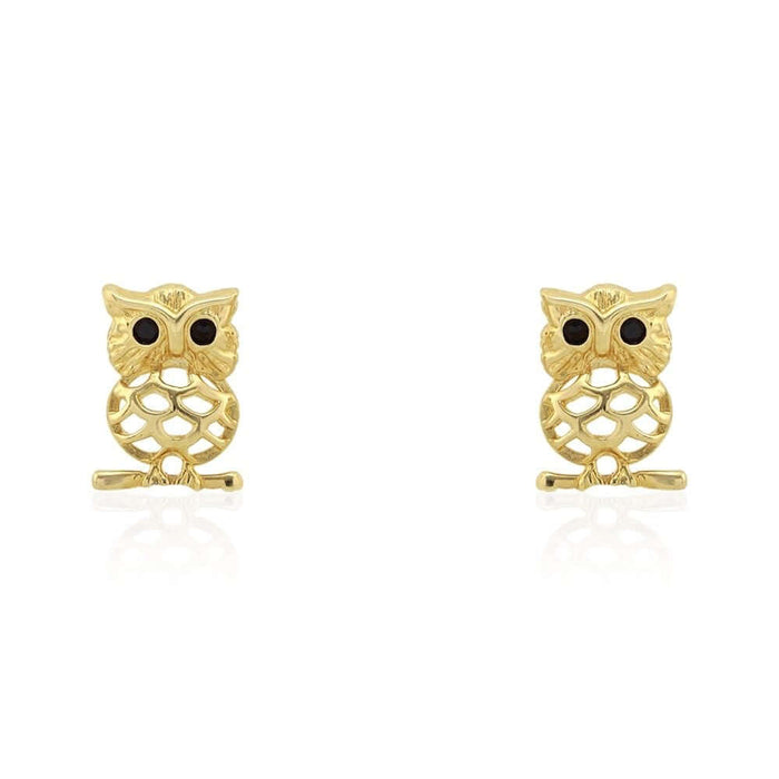 Kids 14K Yellow Gold White Simulated Onyx Ruby Owl Screw Back Stud Earrings