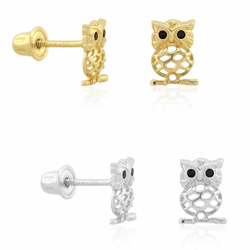 Kid's 14k Gold Yellow White Simulated Onyx Ruby Owl Screwback Stud Earrings
