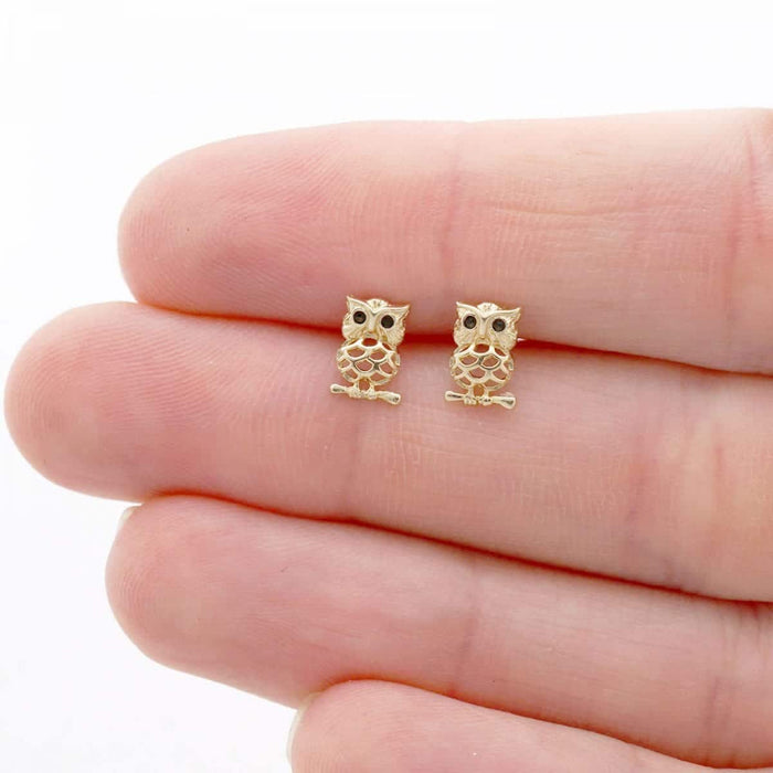 Kids 14K Yellow Gold White Simulated Onyx Ruby Owl Screw Back Stud Earrings