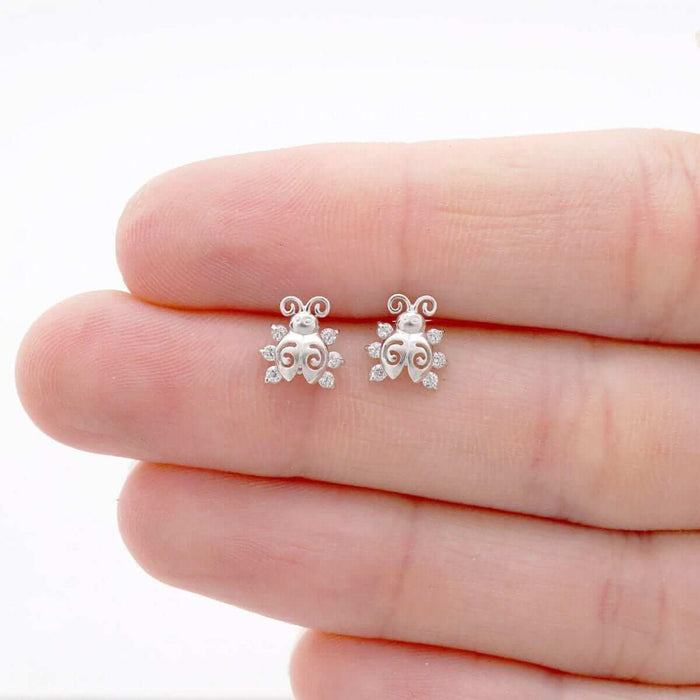 14k Yellow Gold Round-Cut CZ Ladybug Screw Back Stud Kid Earrings