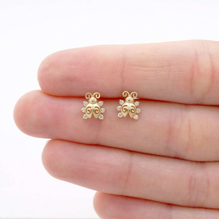 14k Yellow Gold Round-Cut CZ Ladybug Screw Back Stud Kid Earrings