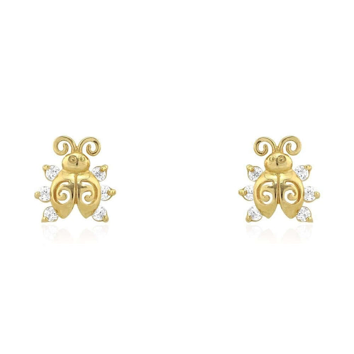 14k Yellow Gold Round-Cut CZ Ladybug Screw Back Stud Kid Earrings