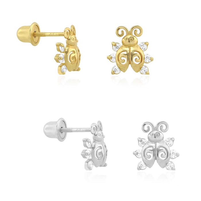 14k Yellow Gold Round-Cut CZ Ladybug Screw Back Stud Kid Earrings