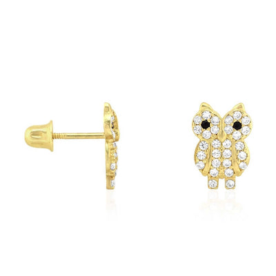 14K Yellow White Gold Simulated Black Onyx Ruby Owl Screw Back Earrings