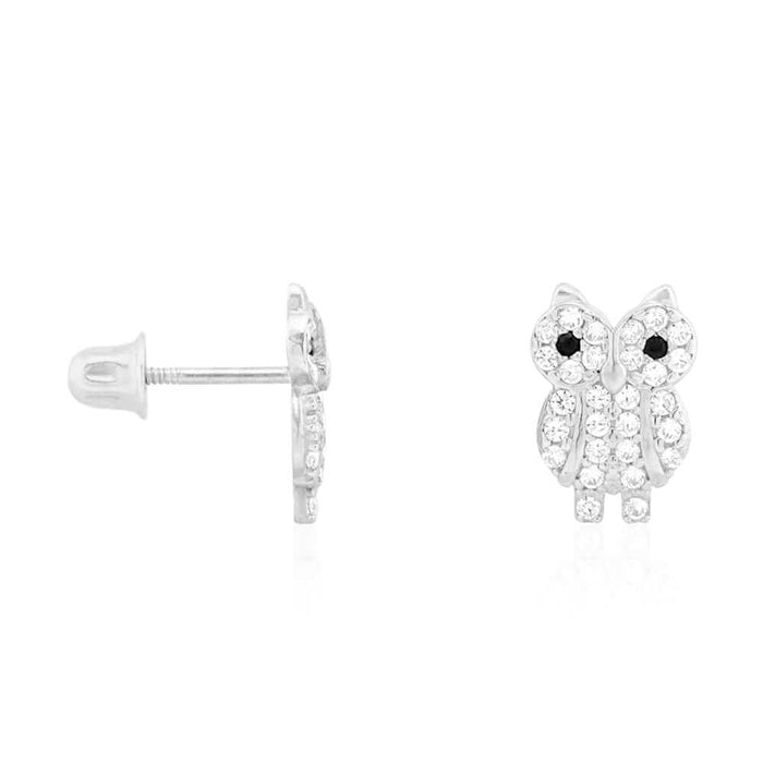 14K Yellow White Gold Simulated Black Onyx Ruby Owl Screw Back Earrings