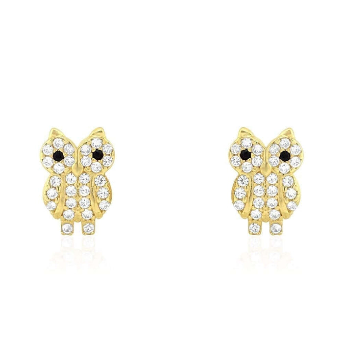 14K Yellow White Gold Simulated Black Onyx Ruby Owl Screw Back Earrings