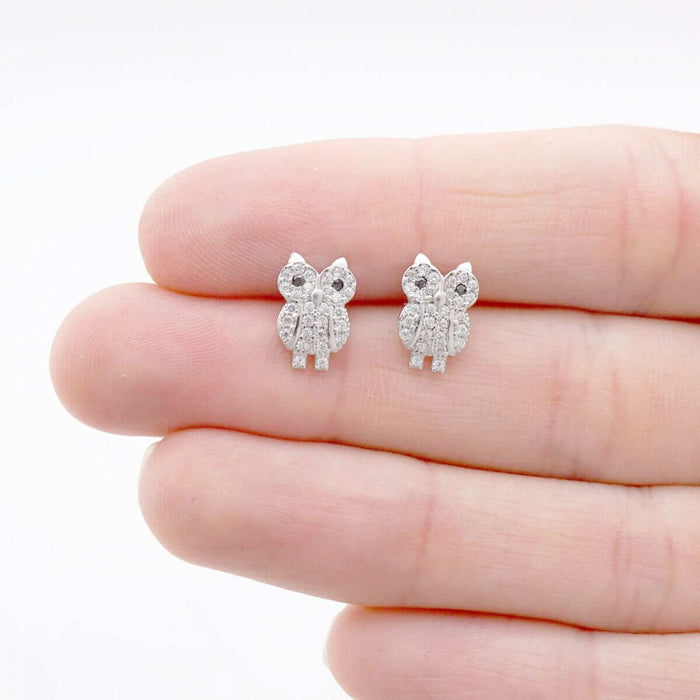 14K Yellow White Gold Simulated Black Onyx Ruby Owl Screw Back Earrings