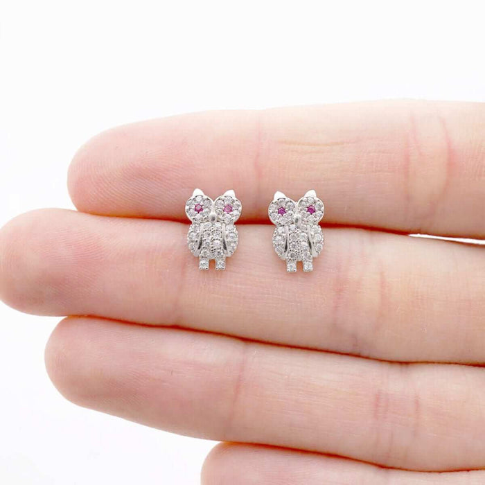 14K Yellow White Gold Simulated Black Onyx Ruby Owl Screw Back Earrings