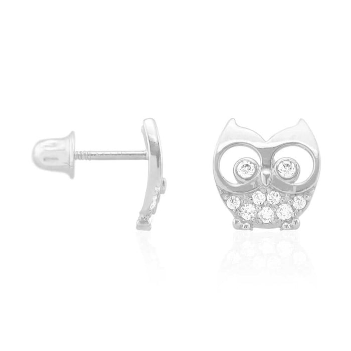 14k Yellow & White Gold Zircon Owl Shaped Screw Back Stud Kid Earrings