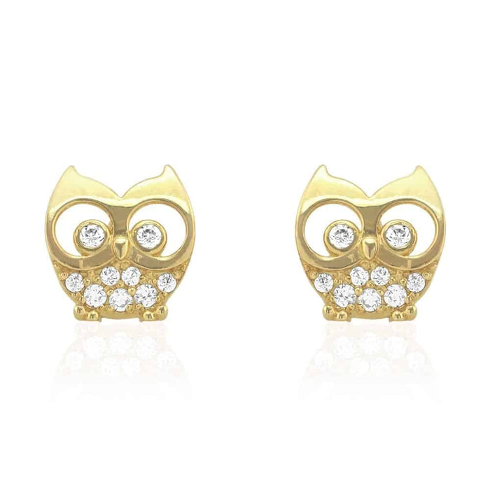 14k Yellow & White Gold Zircon Owl Shaped Screw Back Stud Kid Earrings