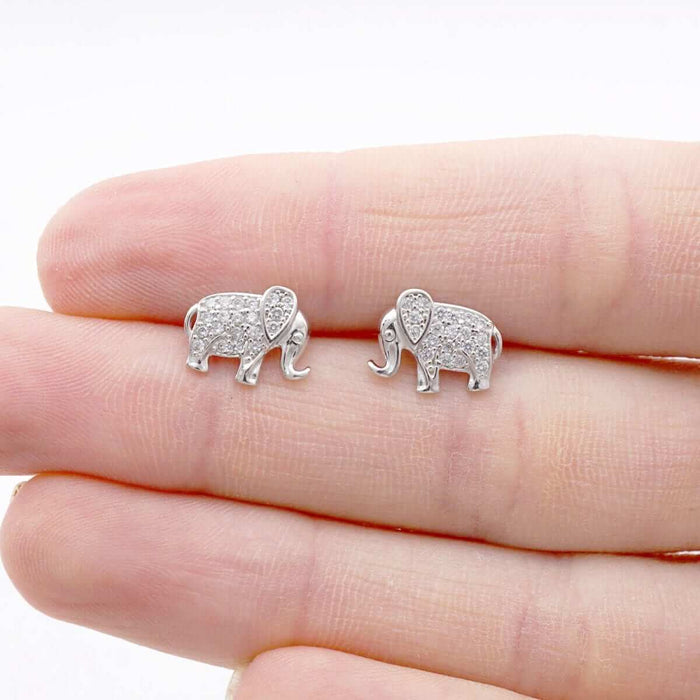Kids 14K Yellow Gold White Gemstone Elephant Screw Back Stud Earrings