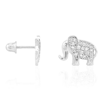 Kids 14K Yellow Gold White Gemstone Elephant Screw Back Stud Earrings