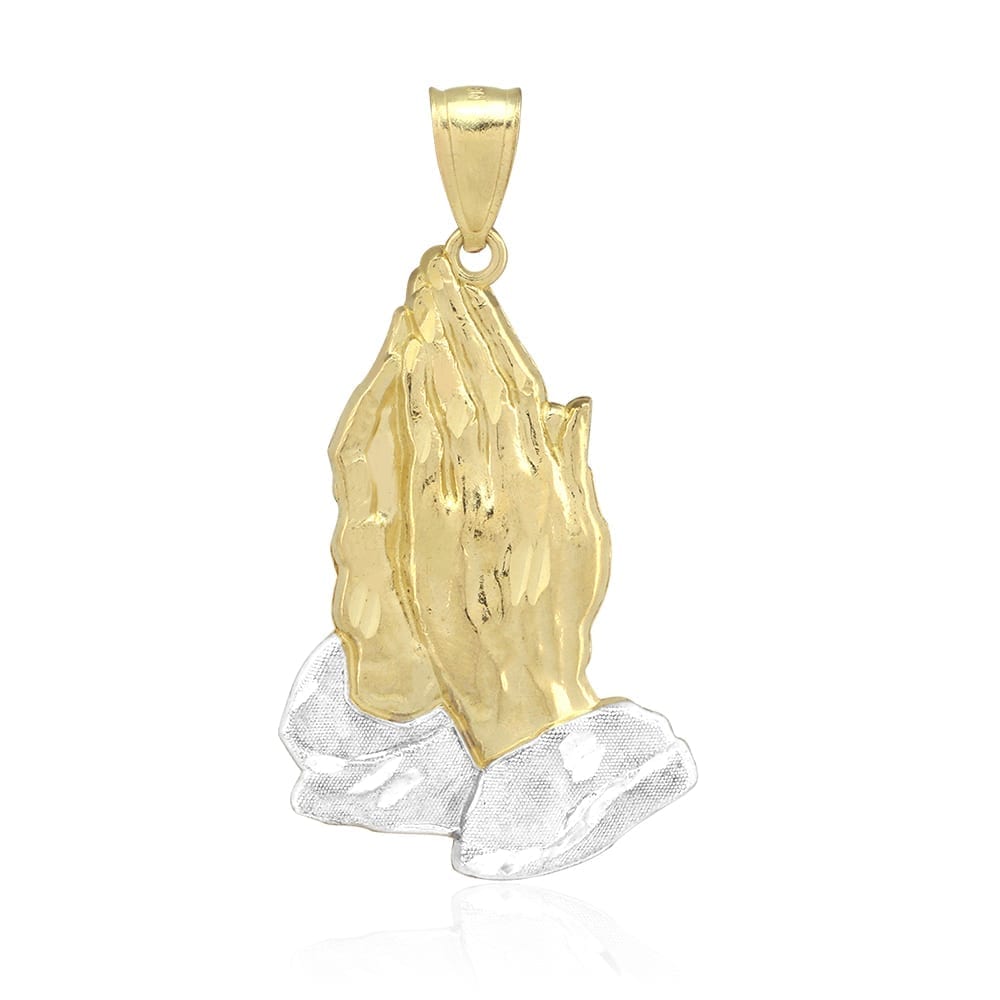 10k Two-Tone Gold Textured Diamond-Cut Praying Hands Pendant 1.18"-4"