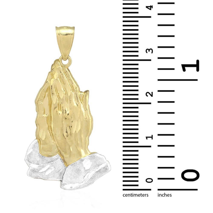 10k Two-Tone Gold Textured Diamond-Cut Praying Hands Pendant 1.18"-4"