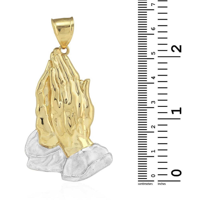 10k Two-Tone Gold Textured Diamond-Cut Praying Hands Pendant 1.18"-4"