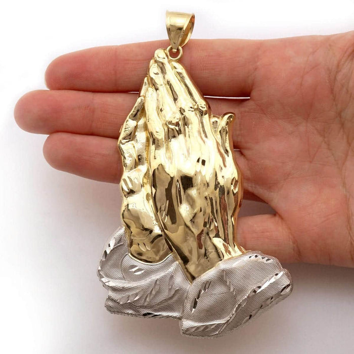 10k Two-Tone Gold Textured Diamond-Cut Praying Hands Pendant 1.18"-4"