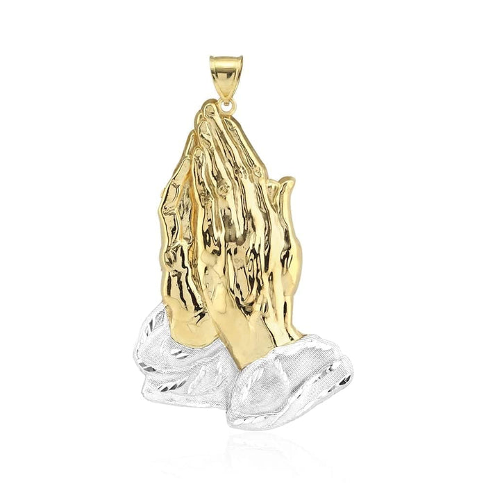 10k Two-Tone Gold Textured Diamond-Cut Praying Hands Pendant 1.18"-4"